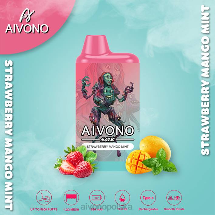 Aivono Vape - Aivono AIM MAGIC Papieros w pudełku ustnym 5800 truskawka mango mięta F4H897